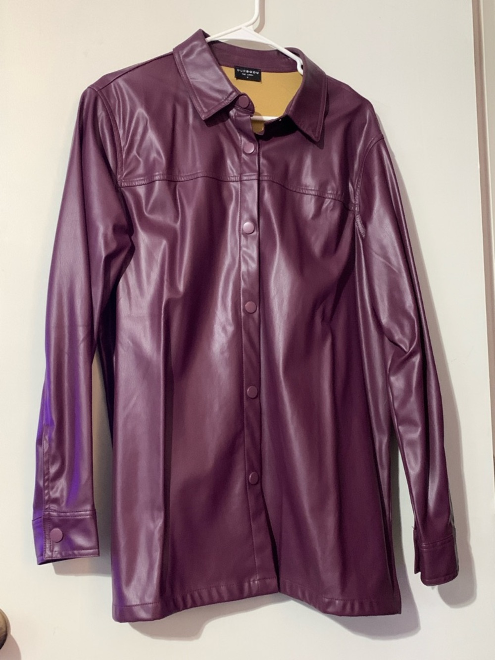 Faux Leather Button-Down Shirt Jacket - Deep Plum